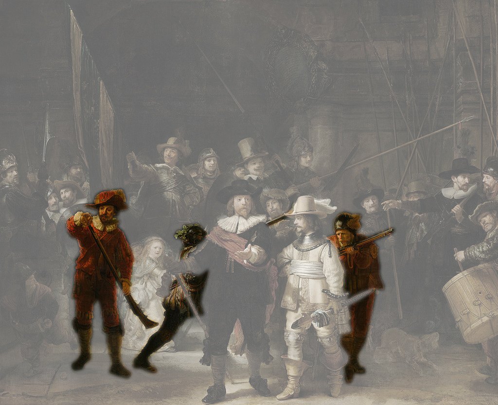 Abb. 1: Farbige Hervorhebung exemplarischer Leerstellen in Rembrandts Nachtwache